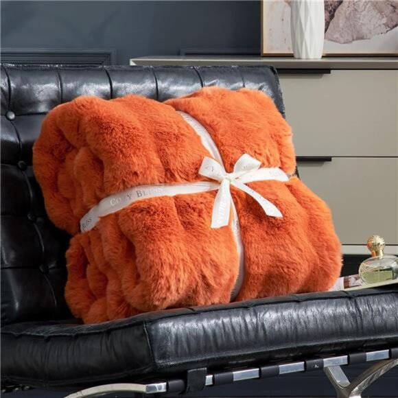 Faux Fur Throw Blanket Orange Cozy Soft Plush Bubble Blanket Couch Bedroom Decor - Picture 4 of 7